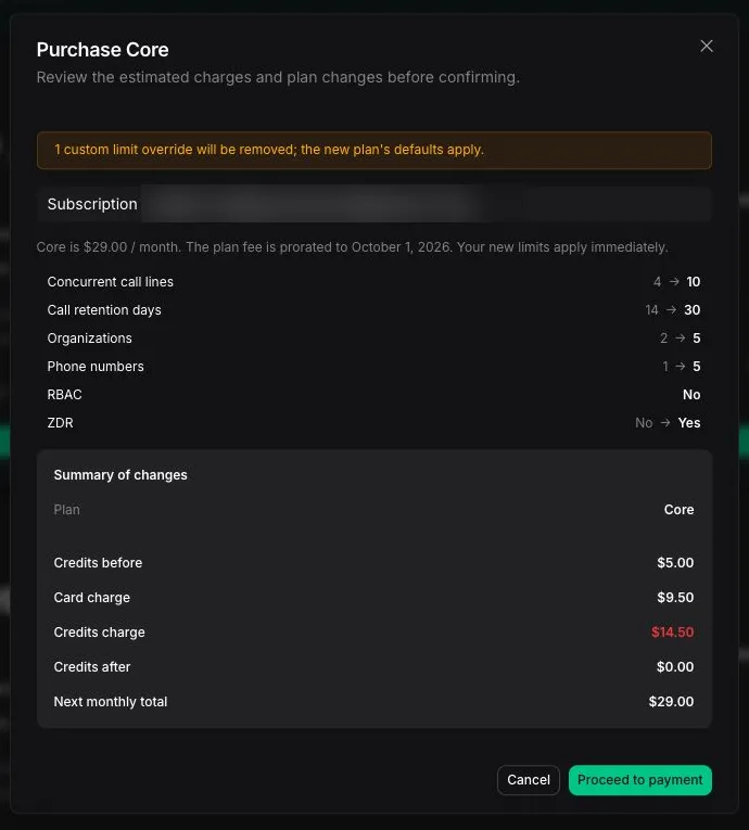 Purchase Core review showing estimated charges and changes to package limits
