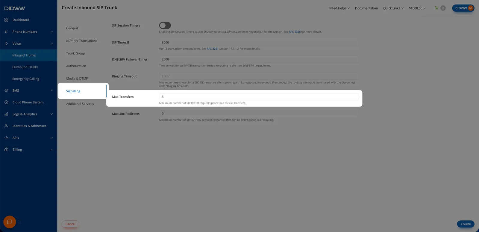 DIDWW inbound trunk Signalling tab with Max transfers set to 1