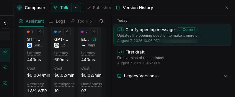 Jamie assistant Version History panel showing Clarify opening message as the current v2 and First draft as v1