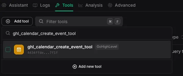 Assistant Tools tab with the Add tool picker filtered to a GoHighLevel calendar tool