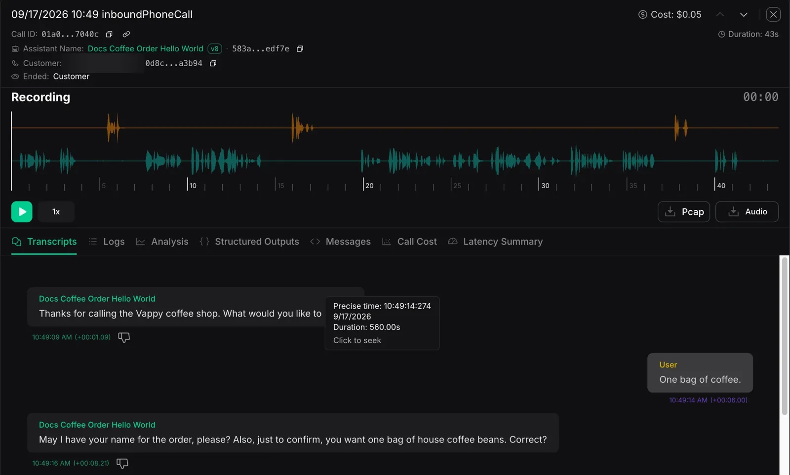 A single call's detail view showing the recording waveform and the Transcripts, Logs, Analysis, Structured Outputs, Messages, Call Cost, and Latency Summary tabs