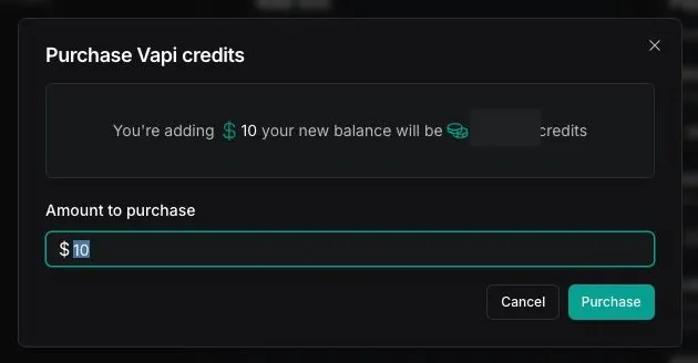 Purchase Vapi credits dialog with the amount to purchase field