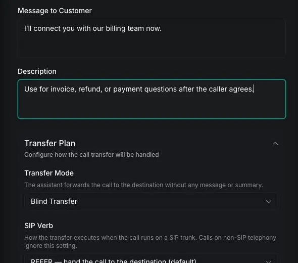 Vapi Dashboard destination description and Transfer Plan set to Blind Transfer