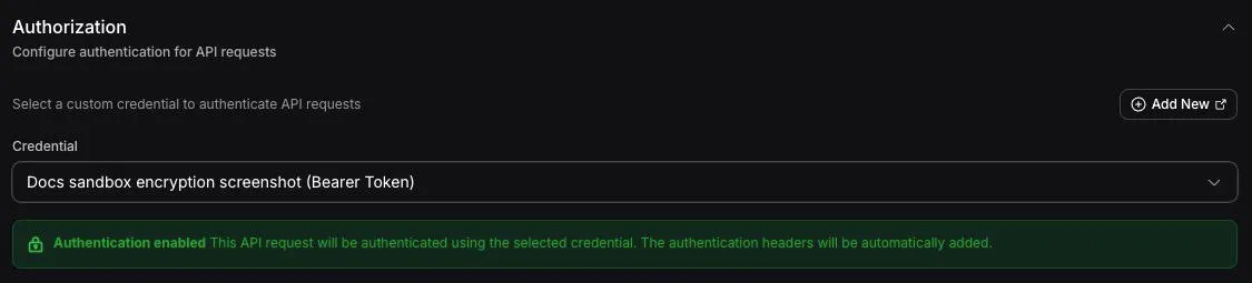 API Request tool Authorization section with a custom credential selected and authentication enabled