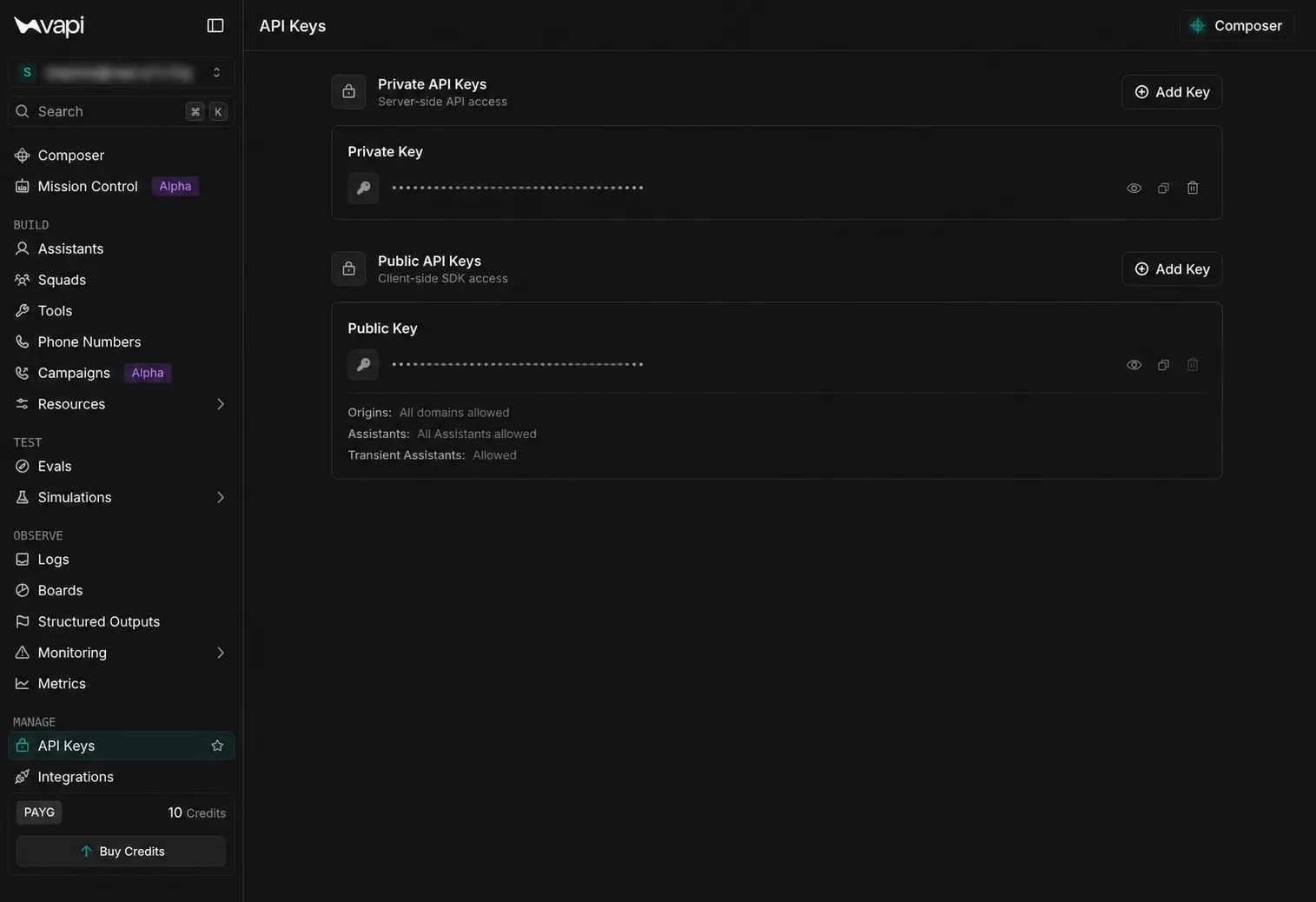 Complete Dashboard API Keys page with the expanded sidebar and private and public API key sections