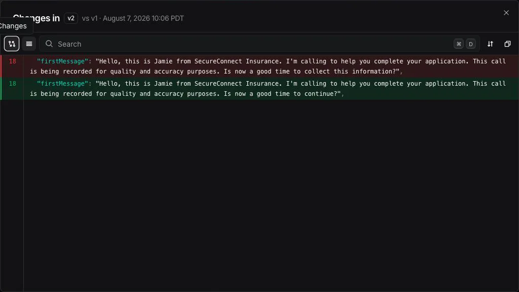 Changes in v2 compared with v1 showing the updated firstMessage value