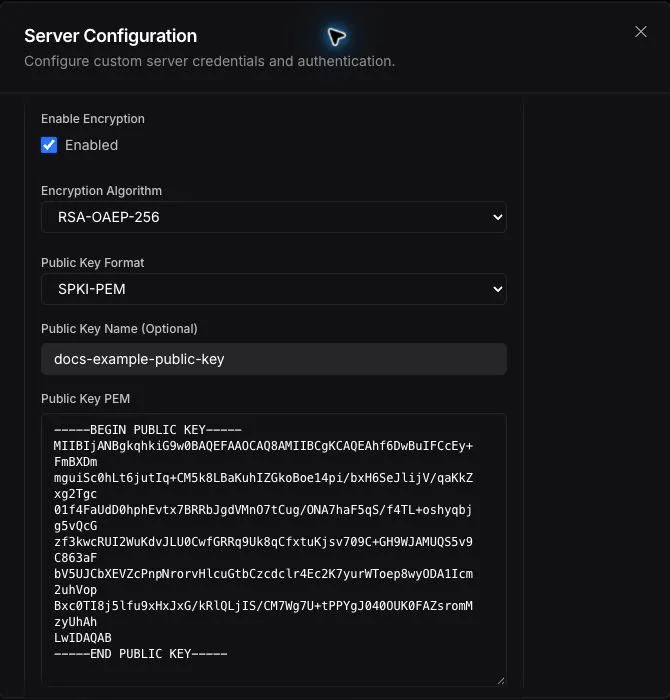 Custom credential form with a disposable example public key in Public Key PEM