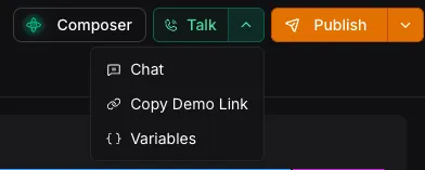 Assistant editor menu opened from the arrow next to Talk, with Chat as the first option